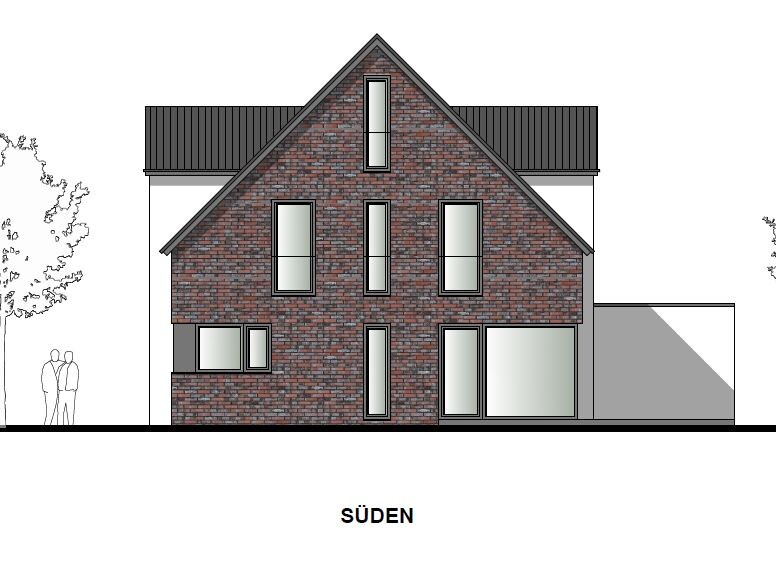 Brick house with gable roof, many windows and side extension; tree on the left, south.