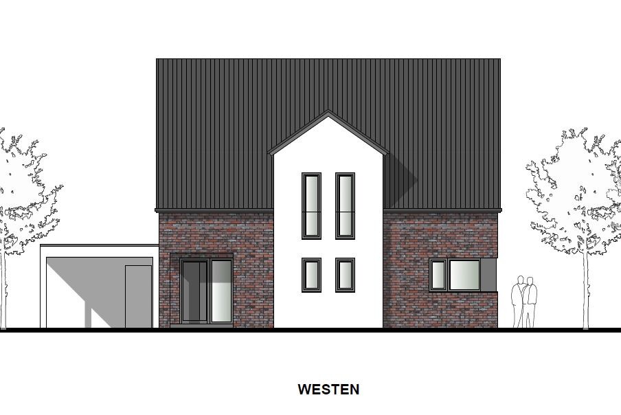 West facade of a modern house: brick on the lower part, white middle section, garage on the left.