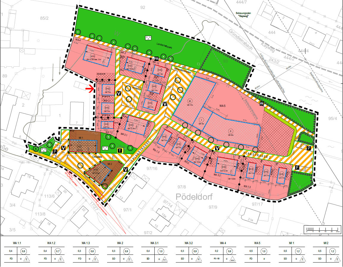 Lageplan eines Bebauungsgebiets mit grünem Parkbereich, pinken Bauzonen, gelb gestreiften Flächen und Straßen