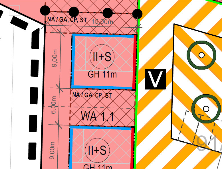Schematic building plan: Parcels II+S and WA 1.1, building height 11 m (36 feet), yellow/white striped.