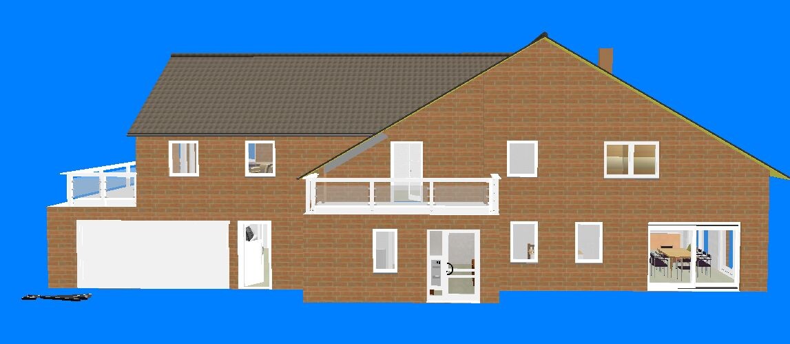Large brick house with garage on the left, balcony in the middle and glass front on the right against a blue sky.
