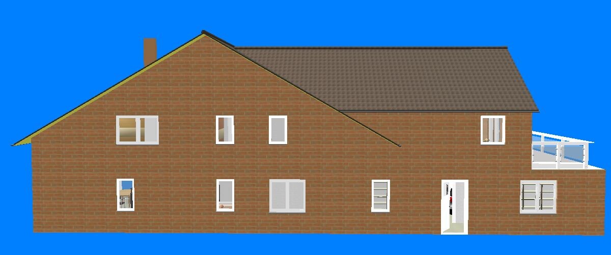 Large red brick house with pitched roof, many windows and balcony against blue sky.