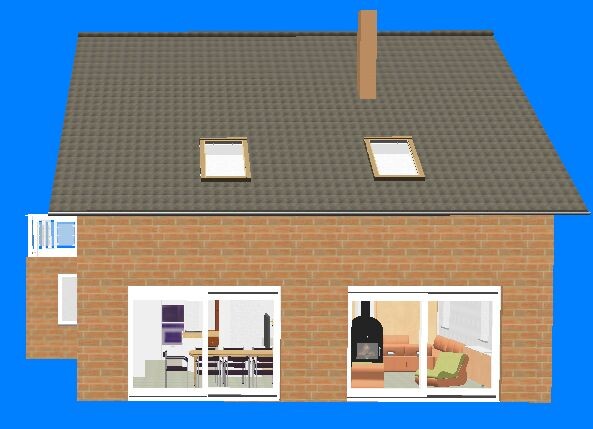 Two-story brick house with roof, left balcony, glass doors to living and dining rooms, fireplace visible.