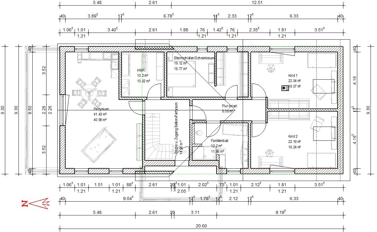 Floor plan of a house: left living room/party room, right children’s and master bedrooms, bathroom, balcony.