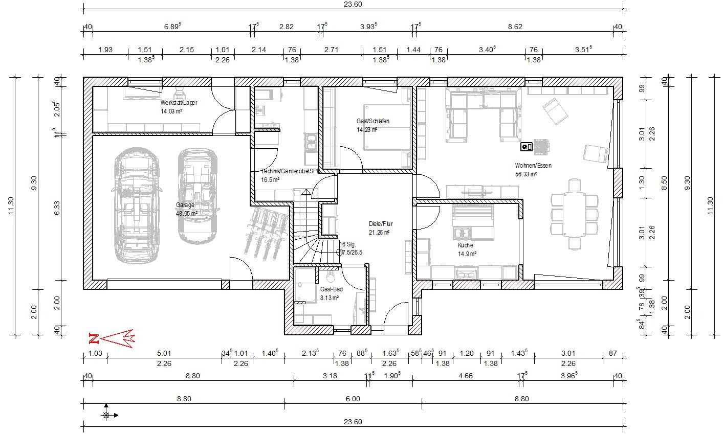 Floor plan: garage, workshop/storage, utility room, guest/bedroom, entrance hall, kitchen, living/dining.
