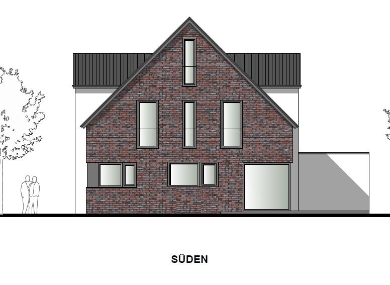 Front view of a modern house with a red brick facade and large windows.