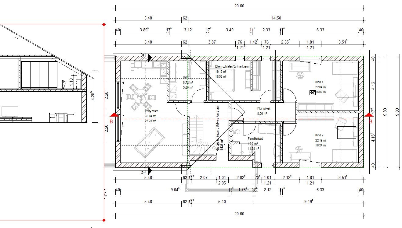 Floor plan: master bedroom, two children's rooms, family bathroom, hallway, staircase.