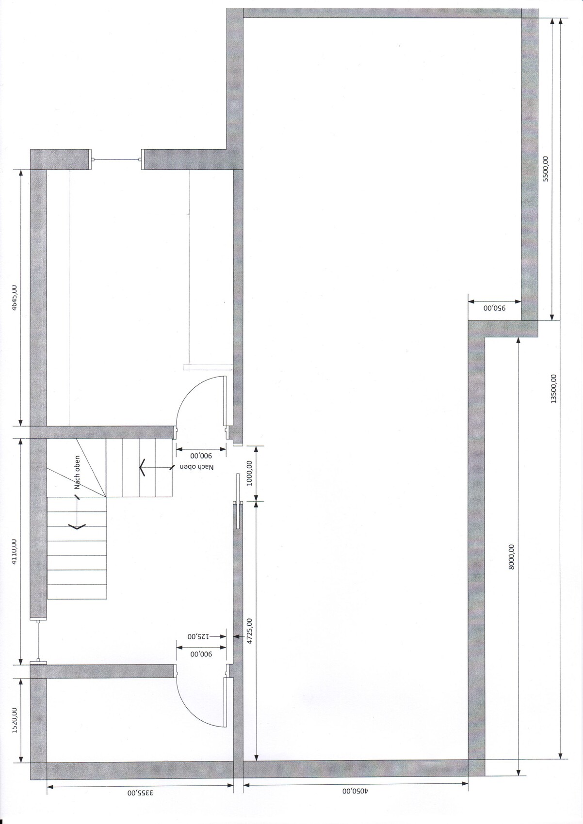Floor plan: interior with staircase, doors, walls, and dimension lines in mm.