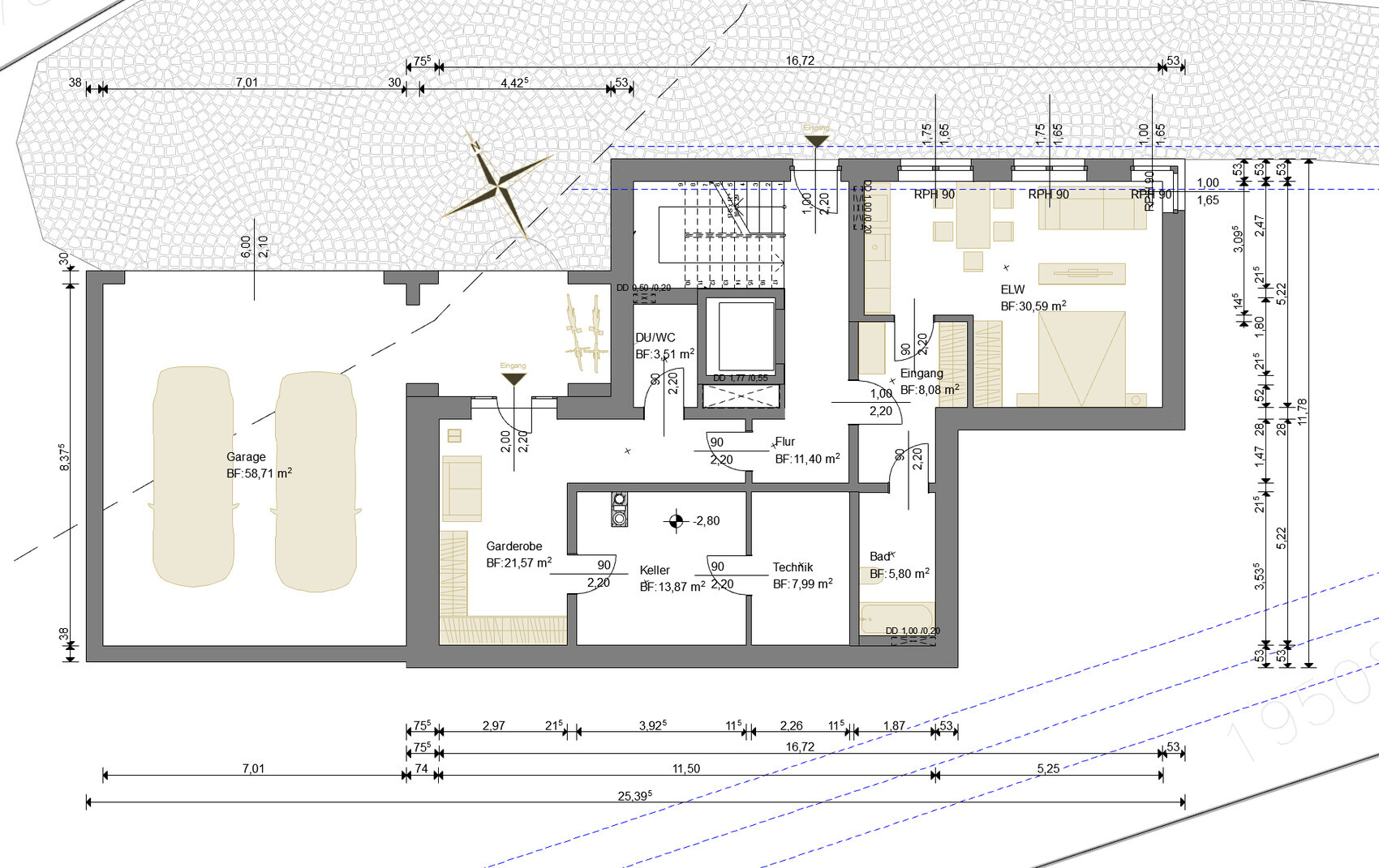 Floor plan of a house with garage, granny flat, hallway, cellar, technical room, bathroom, and garden.