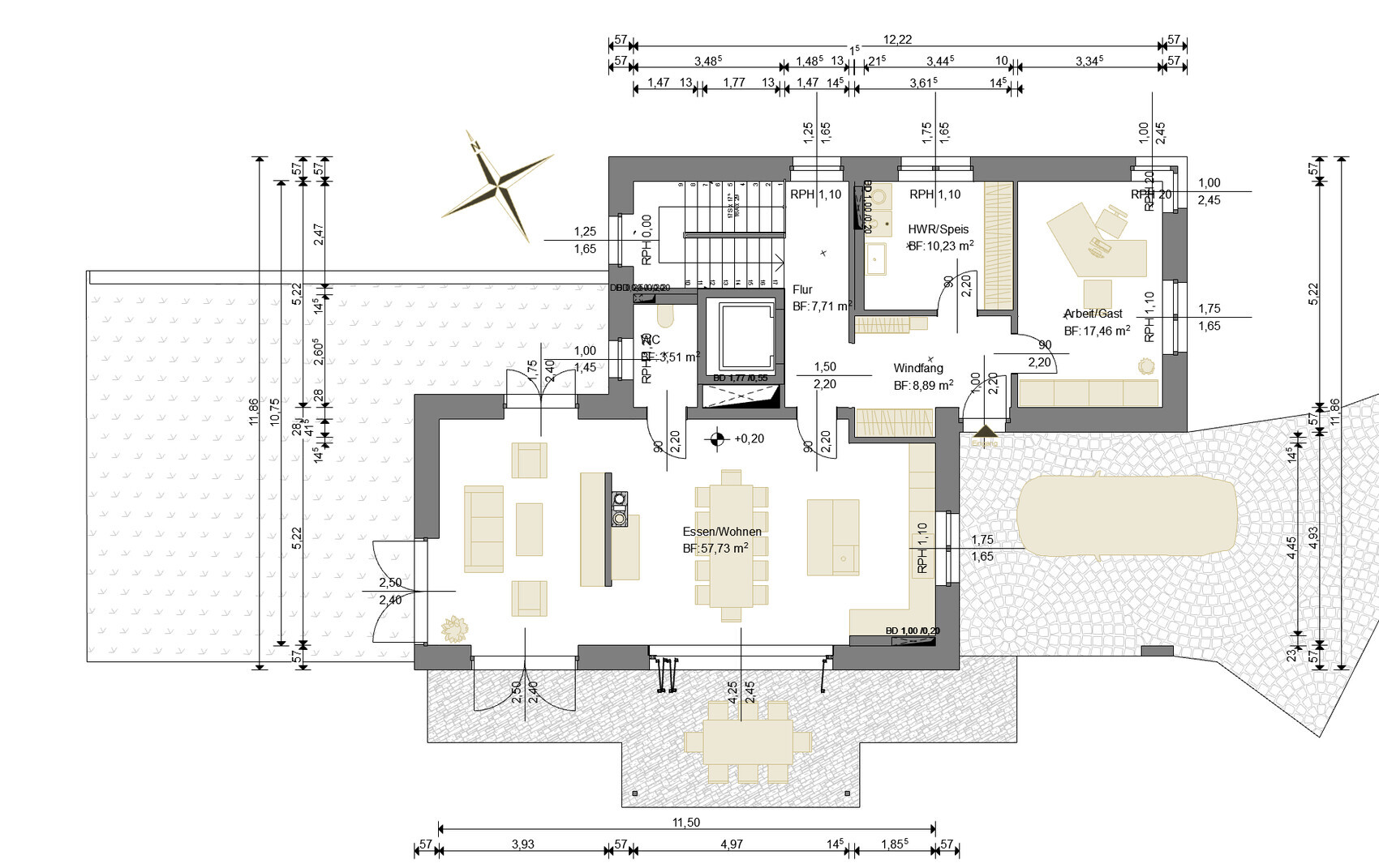 Floor plan of a single-family home: open living-dining area, kitchen, hallway, restroom, terrace.
