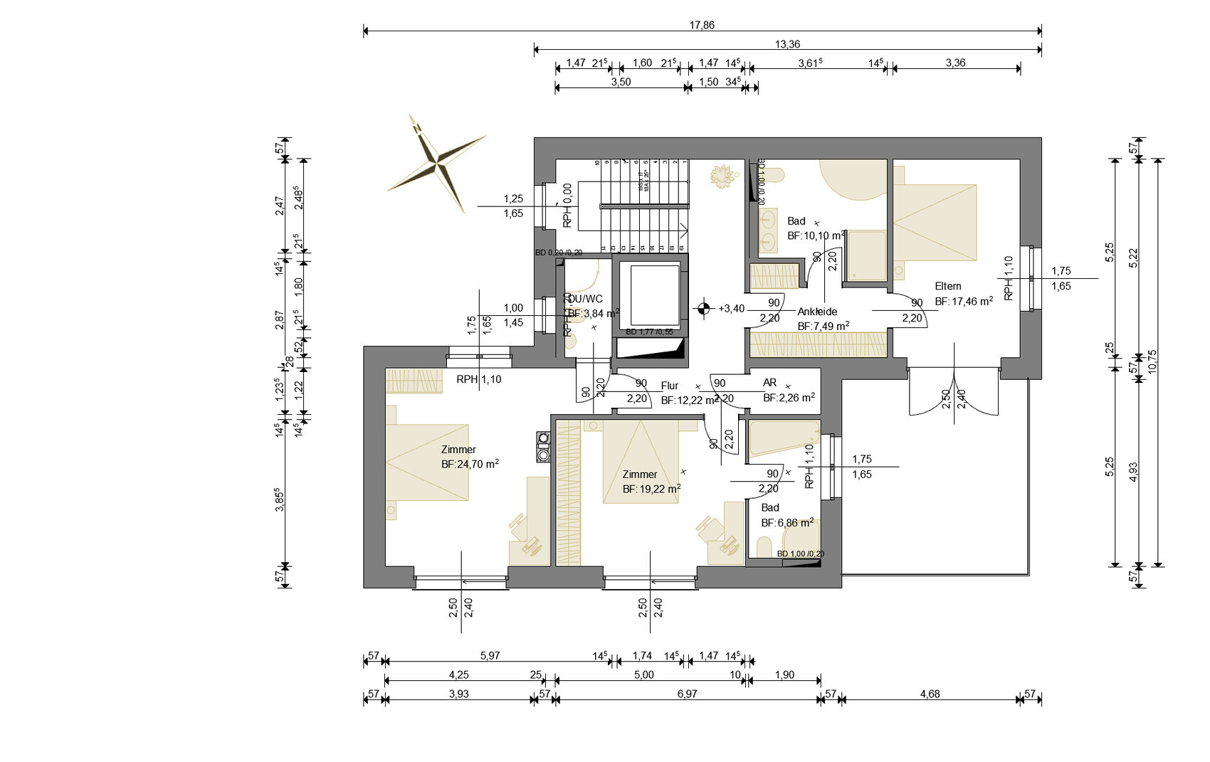 Floor plan of an apartment with rooms, bathroom, hallway, stairs, and measurements.