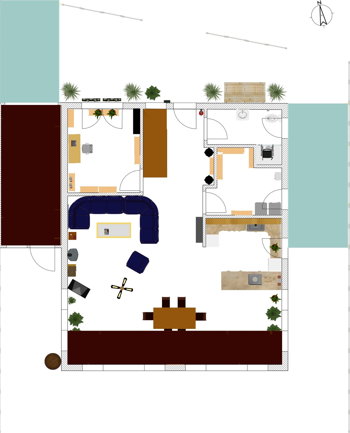 Grundriss eines Wohnhauses mit Wohnzimmer, Küche, Essbereich, Bad und Terrasse