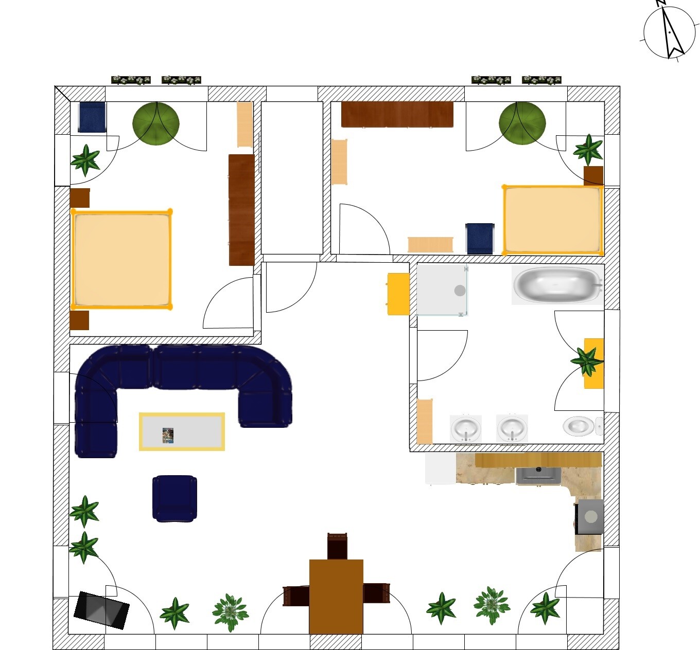 Grundriss eines Wohnhauses mit Schlafzimmer, Wohnzimmer, Küche, Bad und Terrasse