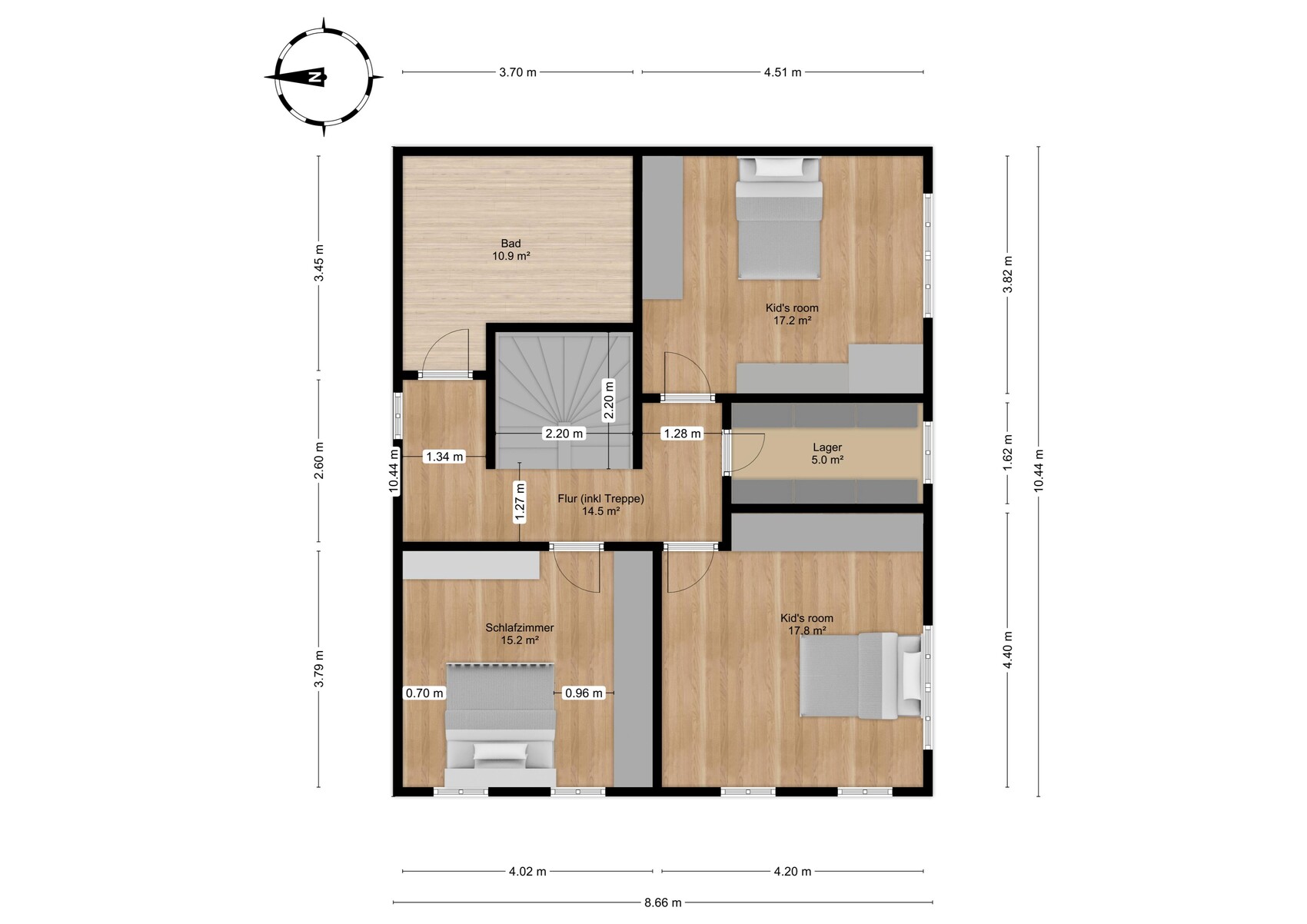 Floor plan of an upper floor with bathroom, hallway, staircase, bedroom, two children’s rooms, and storage.