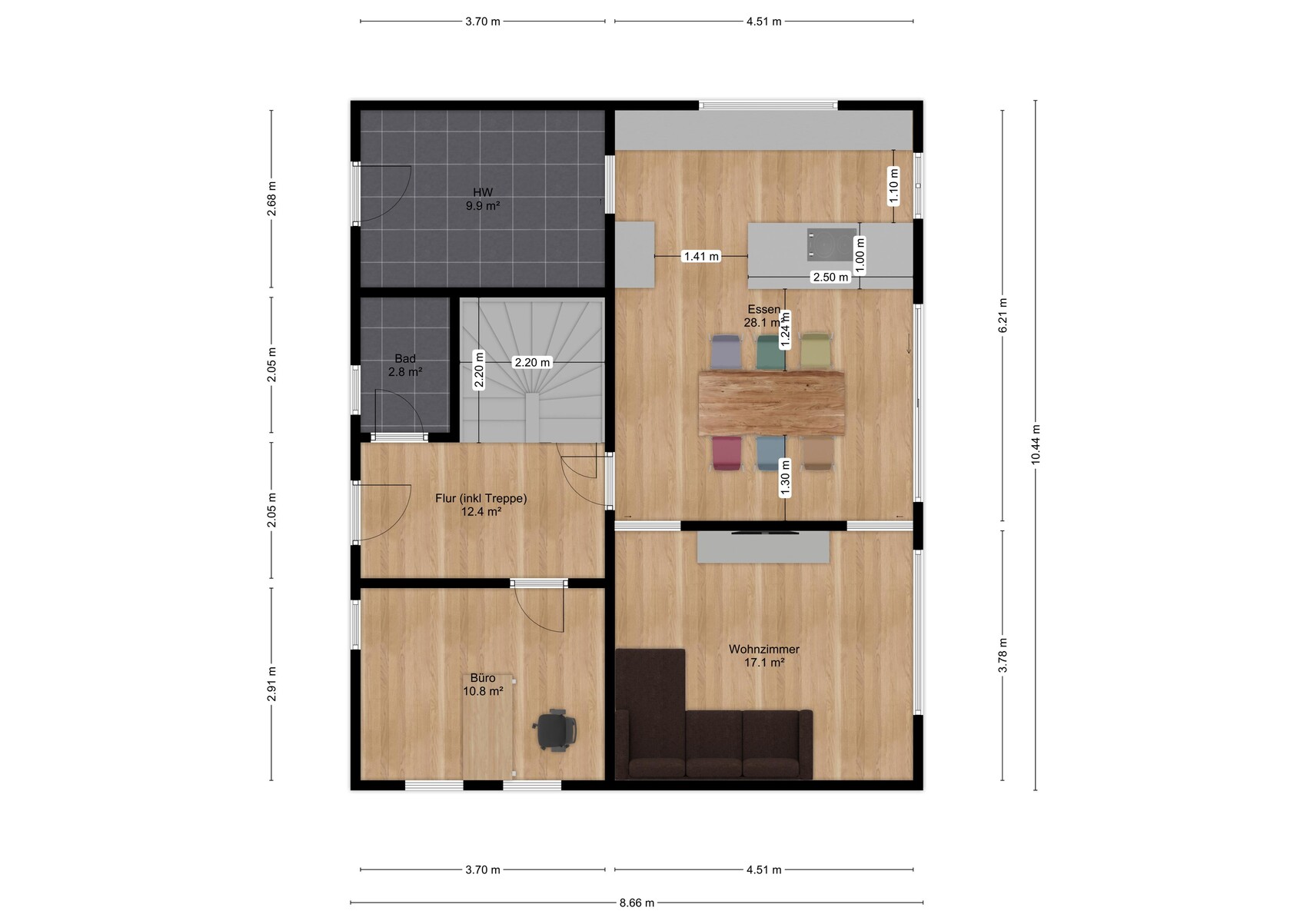 Floor plan of a house: living room, dining area with kitchen, office, hallway, bathroom, utility room.