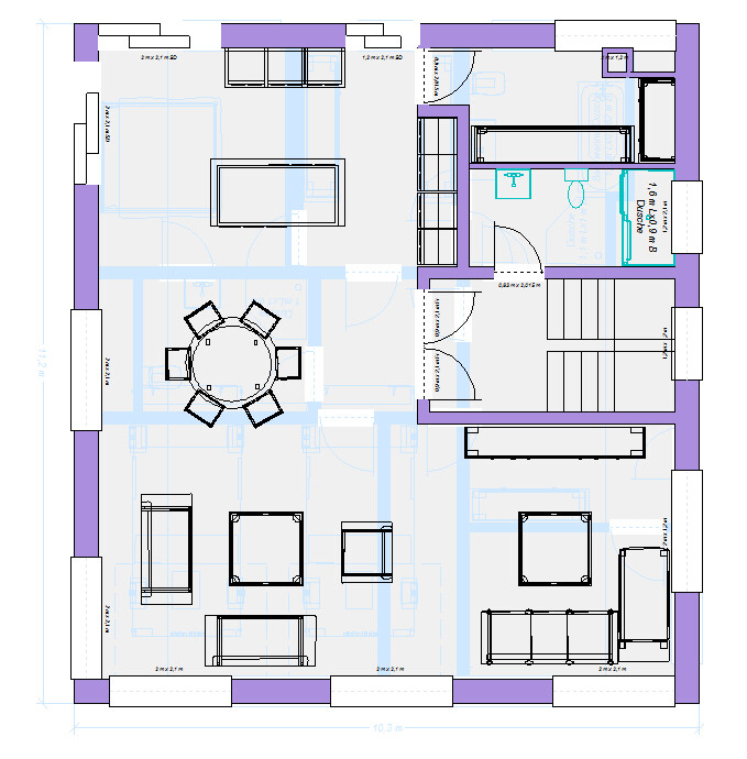 Floor plan of an open living and dining area with dining table and seating groups
