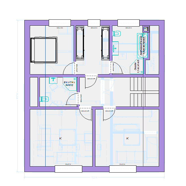 Floor plan of an apartment with several rooms, doors, purple walls; kitchen at the bottom.
