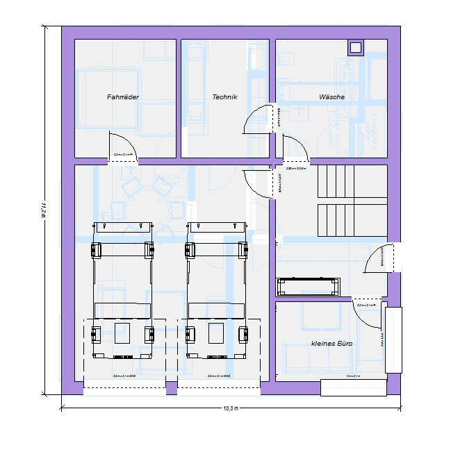 Floor plan of a building with areas: bicycles, technical room, laundry, small office, stairs.