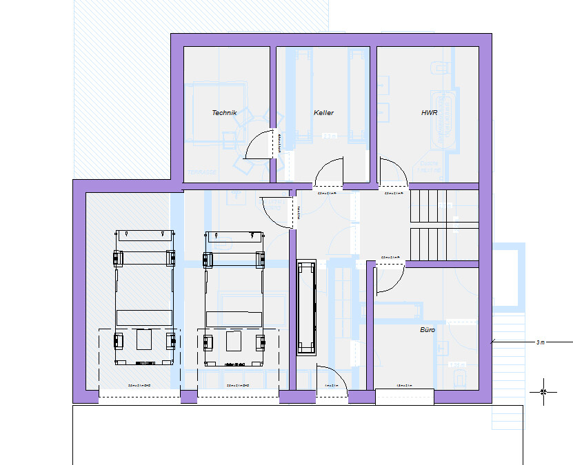 Grundriss eines Hauses mit Technik, Keller, HWR und Büro; Türen, Treppen, Möbel sichtbar.