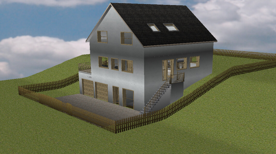 Zweistöckiges Haus auf grasbewachsener Anhöhe, von Holzzäunen umgeben, mit Außentreppe.