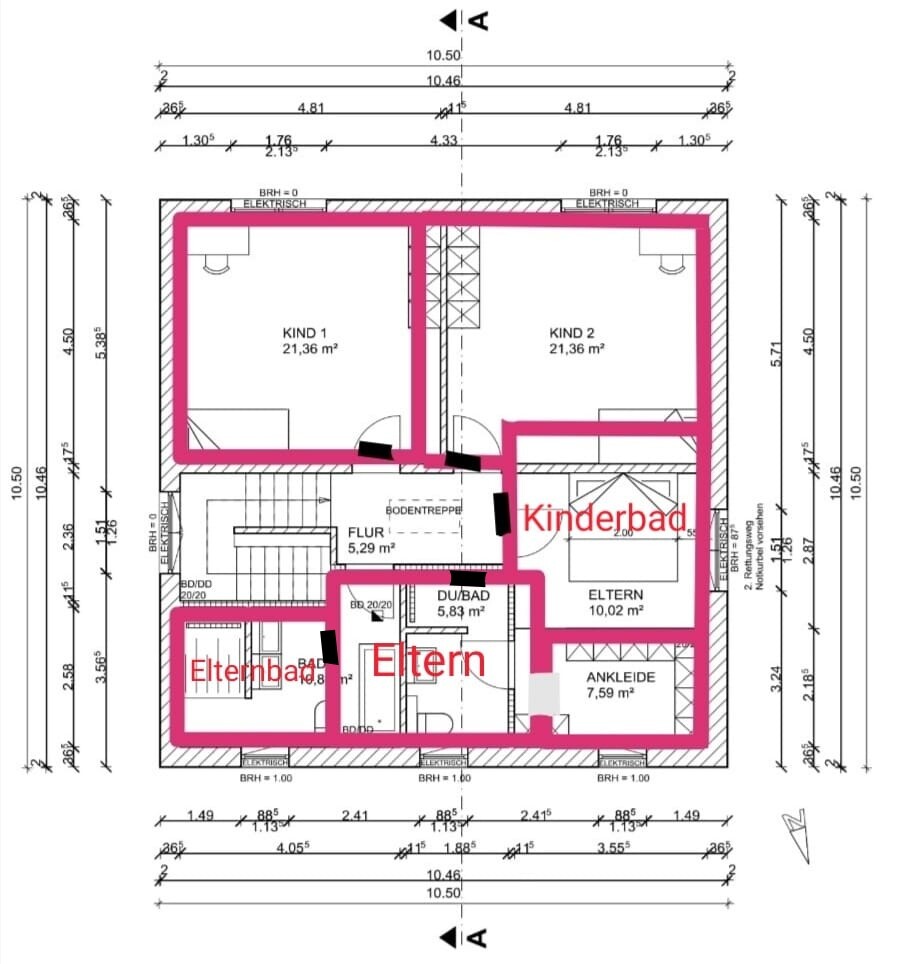 Upper floor: two children’s rooms, master area with bathroom and walk-in closet, hallway; pink walls.