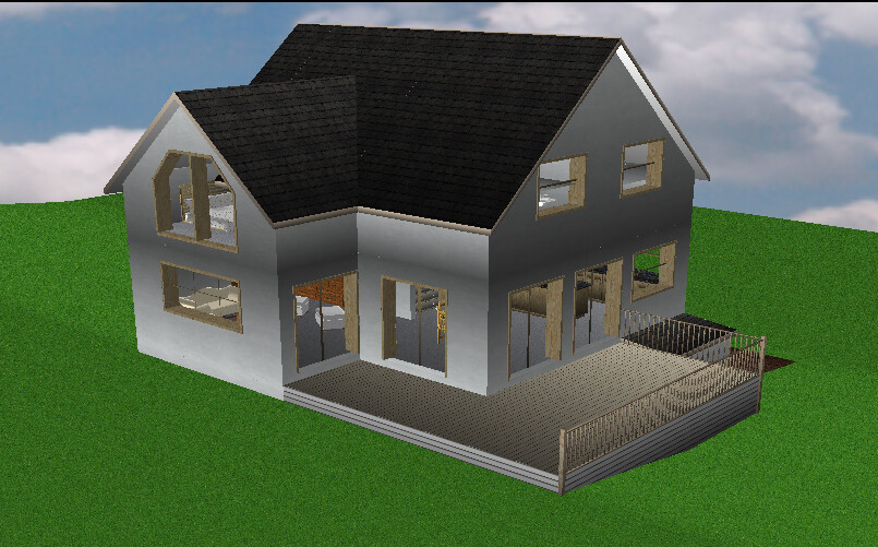 3D house model with dark roof, terrace, and garden
