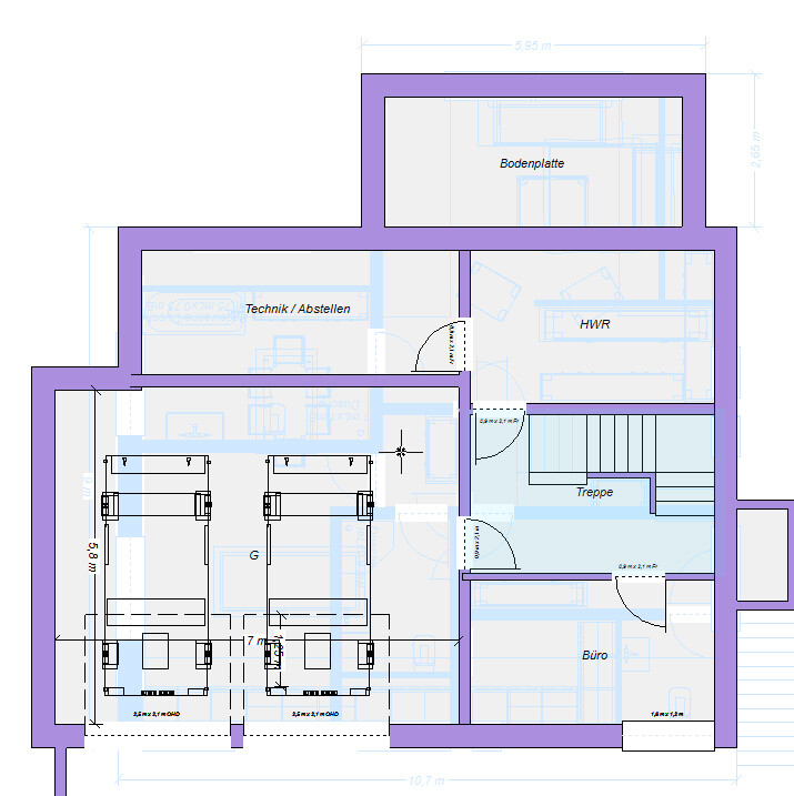 Floor plan of a building: technical room/storage, office, utility room, stairs, and two garage spaces.