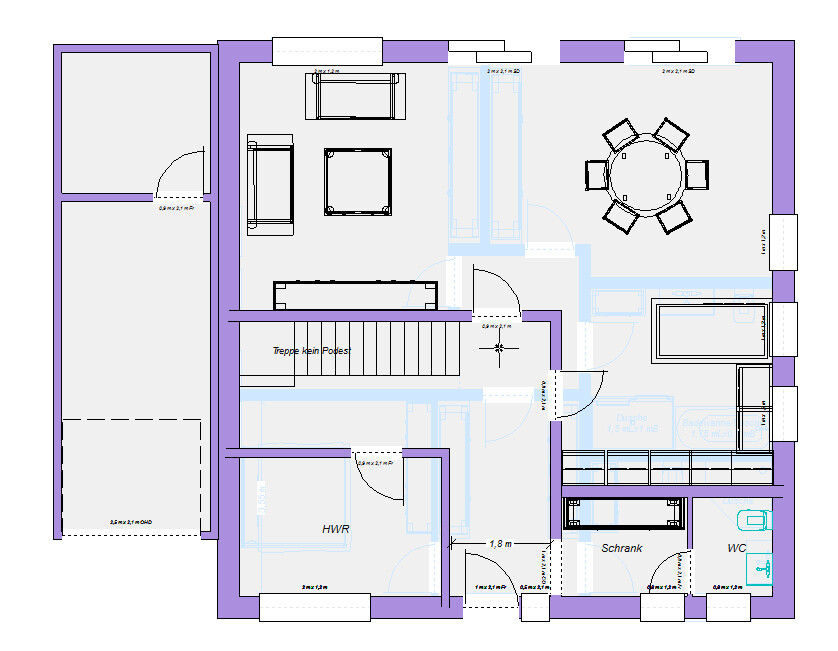 House floor plan: living room with sofas, dining table, kitchen, stairs, utility room, bathroom, toilet, cabinets.