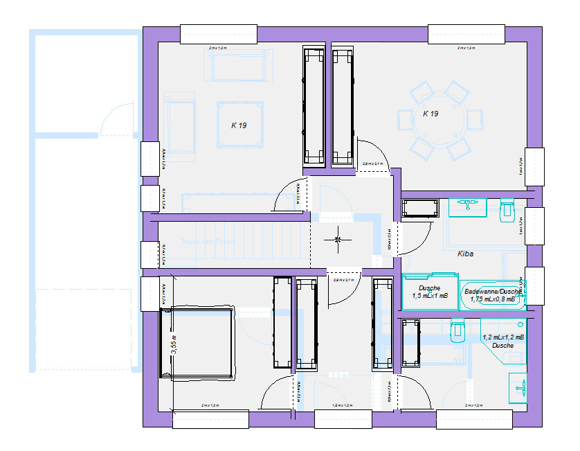 Floor plan: level with hallway, stairs, two rooms (K 19), dining area, kitchen, bathtub/shower.