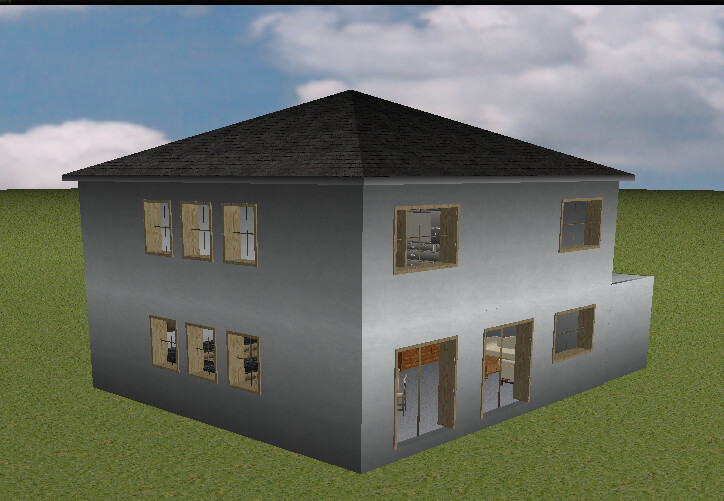 Two-story gray house with dark roof, open doors, windows, and green lawn.