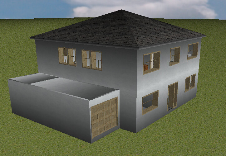 Two-story gray house with attached garage on green lawn.
