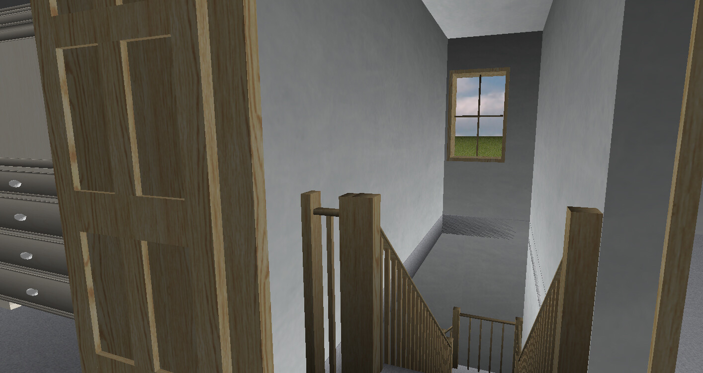 Wooden staircase with railing in a hallway, view through window of green lawn outside.