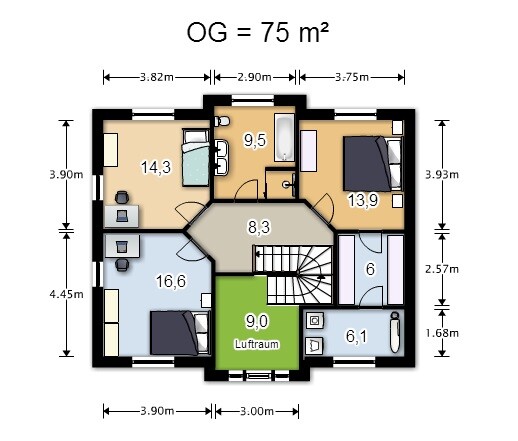 Detaillierter 2D-Grundriss des Obergeschosses eines Hauses mit Zimmern, Treppe und Maßen.
