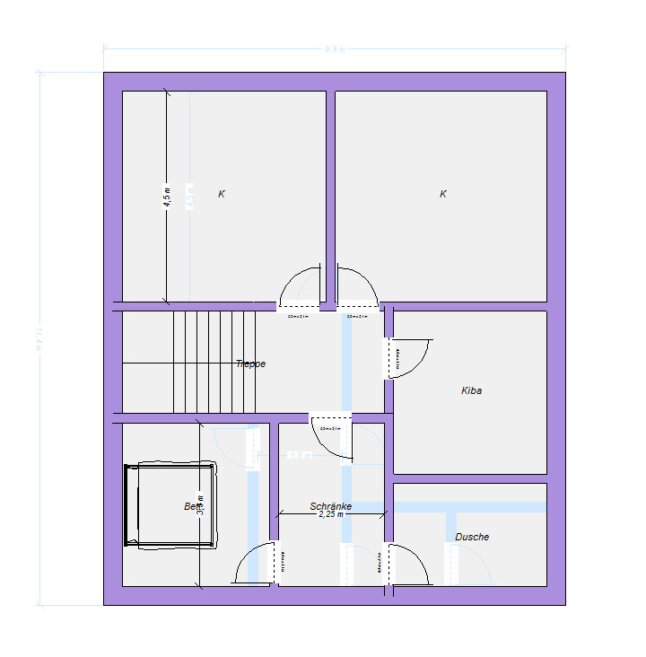 Grundriss eines Hauses mit zwei großen Räumen (K), Treppe, Bett, Schränke und Dusche.