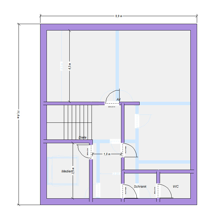 Grundriss einer Wohnung mit violetten Außenwänden; Diele, Medien, WC, Schrank.