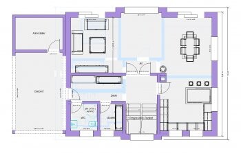 Floor plan of a house with living room, kitchen, dining area, bathroom, hallway, terrace, and carport.