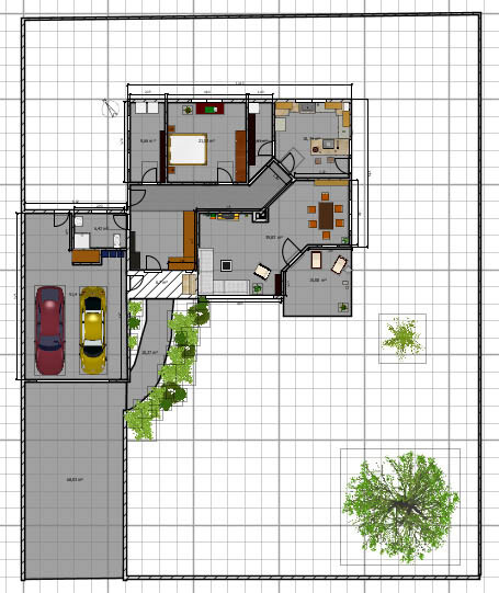 Grundriss eines Hauses mit Garage, Einfahrt, Wohnbereich, Küche, Schlafzimmer, Bad, Garten.