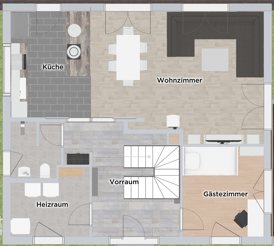 Floor plan: kitchen on the left, living room with dining table, hallway in the middle, guest room on the right, staircase.