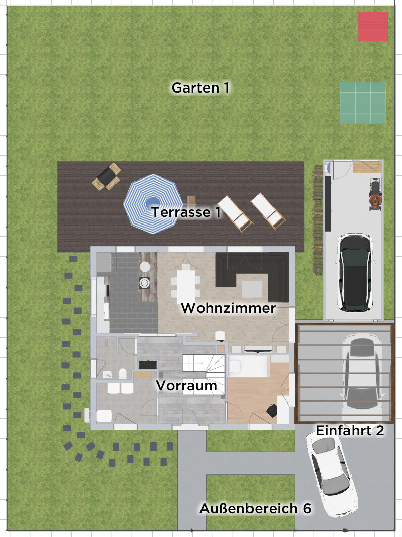 Floor plan of a house with terrace (seating area), living room, hallway, driveway for 2 cars and garden.