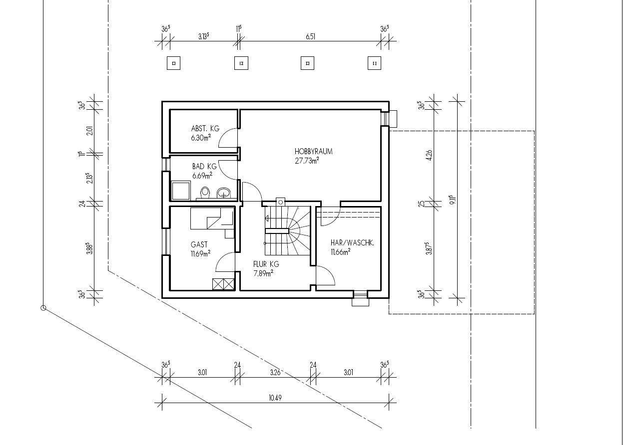 Grundriss Kellergeschoss mit Hobbyraum, Bad und Gästezimmer