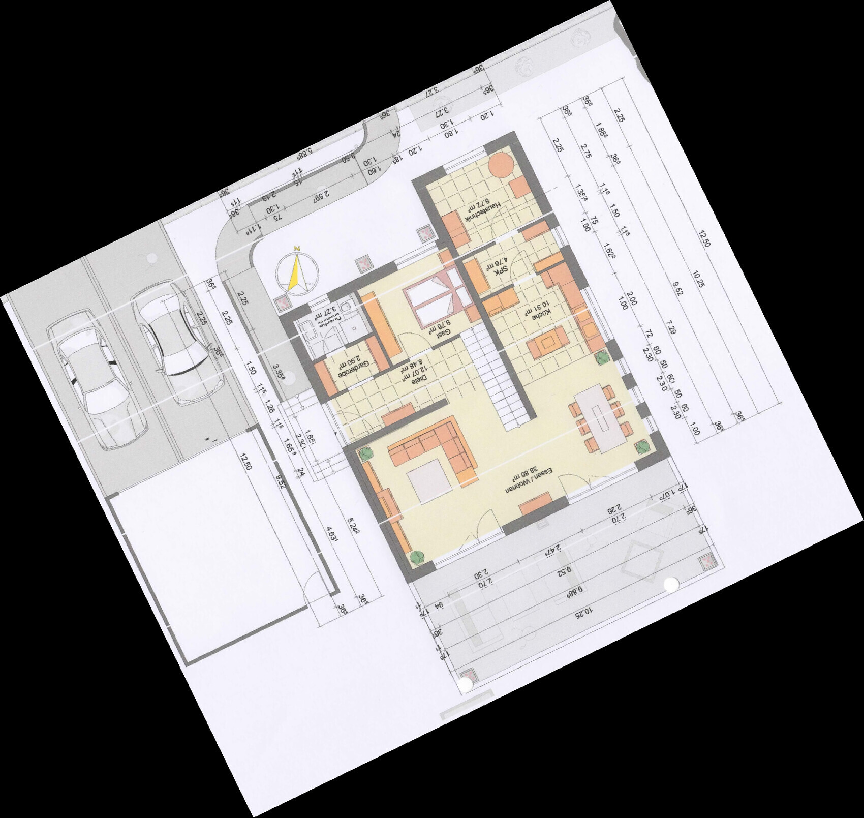 Floor plan of a house with living room, kitchen, bedroom, bathroom, terrace, and garage.