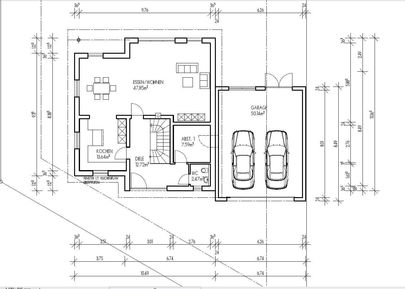 Grundriss eines Einfamilienhauses mit offener Küche, Essbereich, Wohnzimmer und Garage.