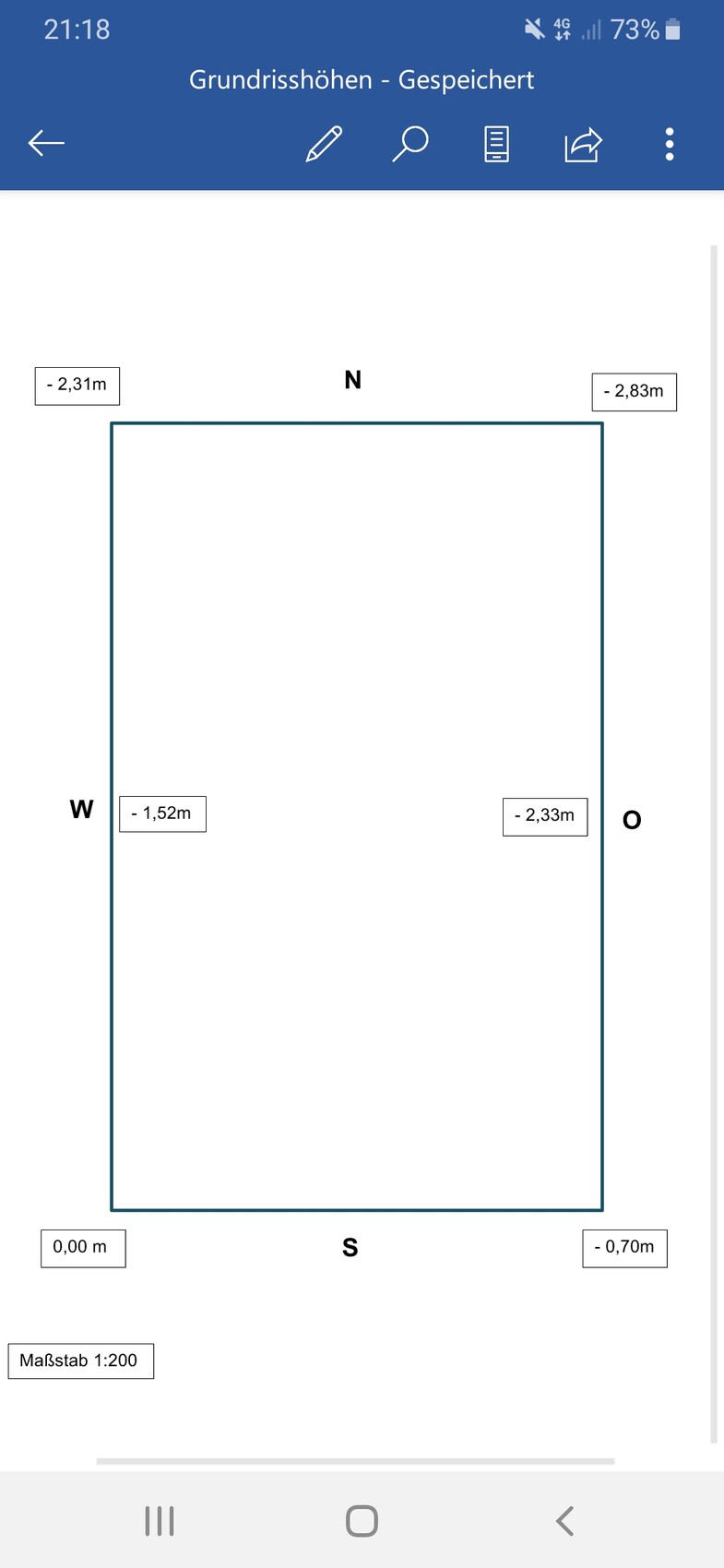 Rectangular floor plan with N, S, W, E; dimensions in meters, scale 1:200.