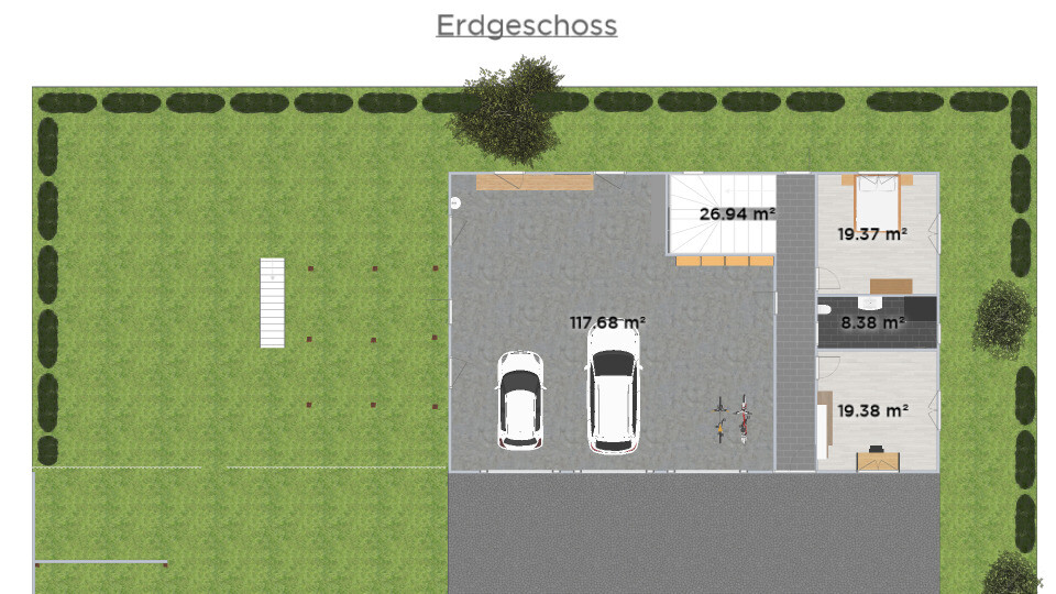 Ground floor plan: double garage with two cars, adjacent rooms and garden.