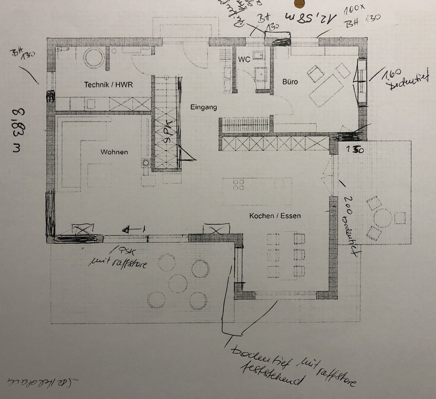 Floor plan of a house with living room, kitchen, dining area, office, entrance, and utility room
