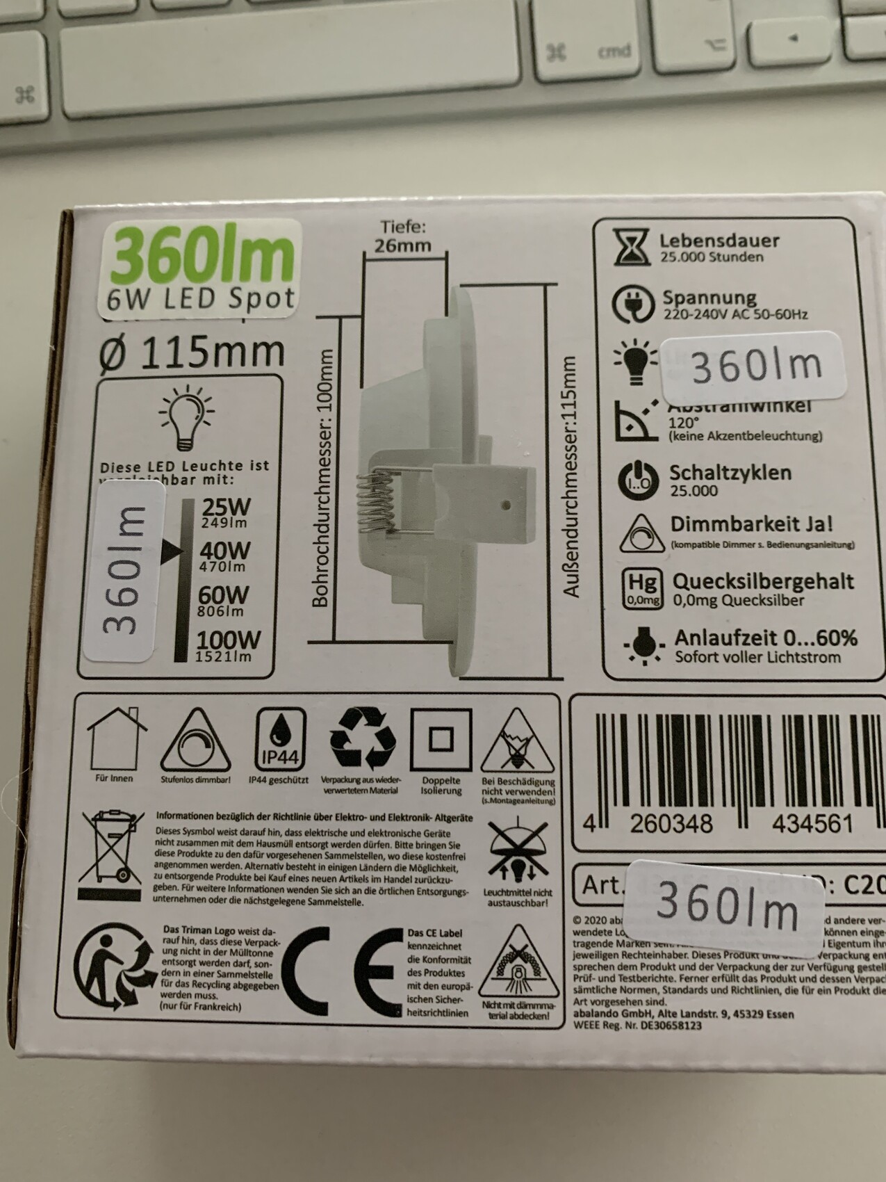 Verpackung einer 6W LED-Spotlampe, 360 lm, Ø115 mm, Tiefe 26 mm, Diagramm.