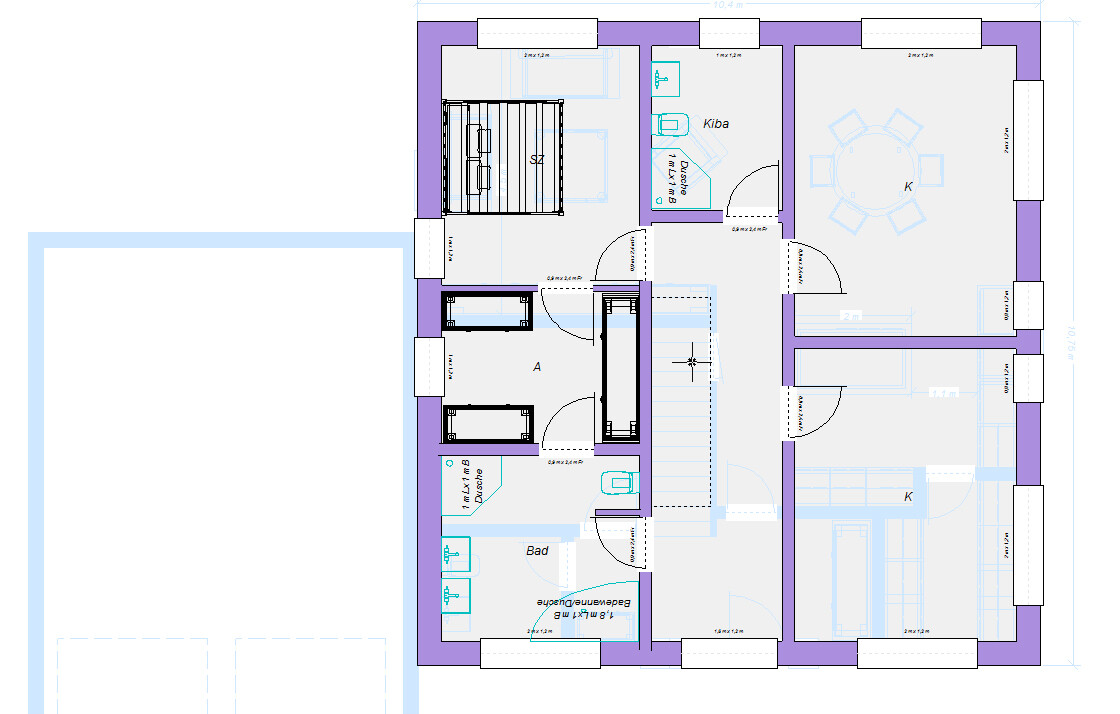 Floor plan of a multi-room house: bathroom, kitchen, dining area, stairwell.