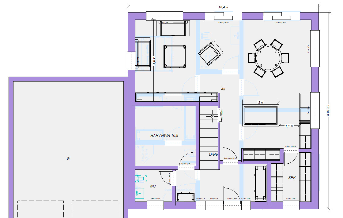 Floor plan of a house: living area on the left, dining area with round table on the right, hallway.