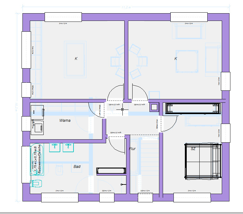 Floor plan of a residential house: two large rooms (K), bathroom, corridor, bedroom, washing machine and stairs.