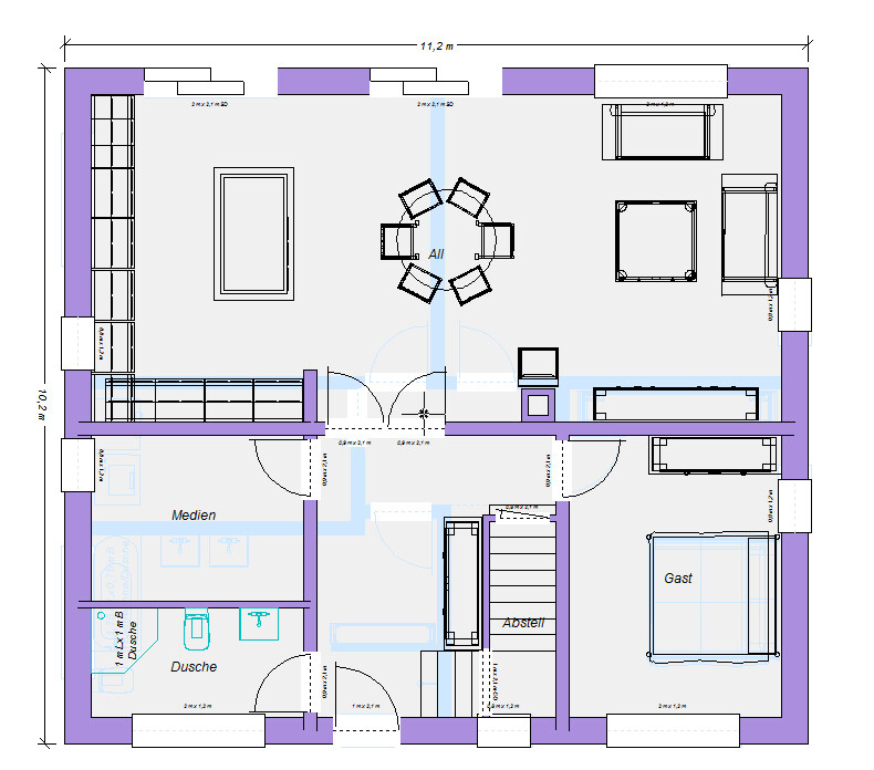 Floor plan of an apartment: living room with dining table, kitchen, shower, guest room, storage room.